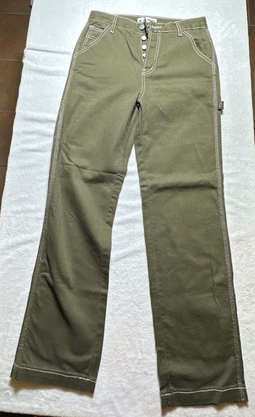 S.O.N.G. Women's Olive Green High-Rise Carpenter Pants with Contrast Stitching